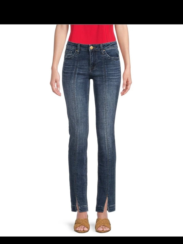 Slim Straight Blue Women's Jeans With Front Hem Slits